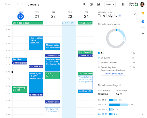 Time Insights side panel in Google Calendar.