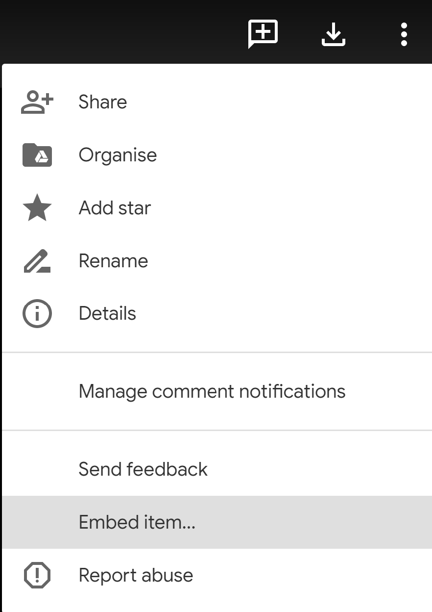 Choose "Embed item" from more menu in Google Drive