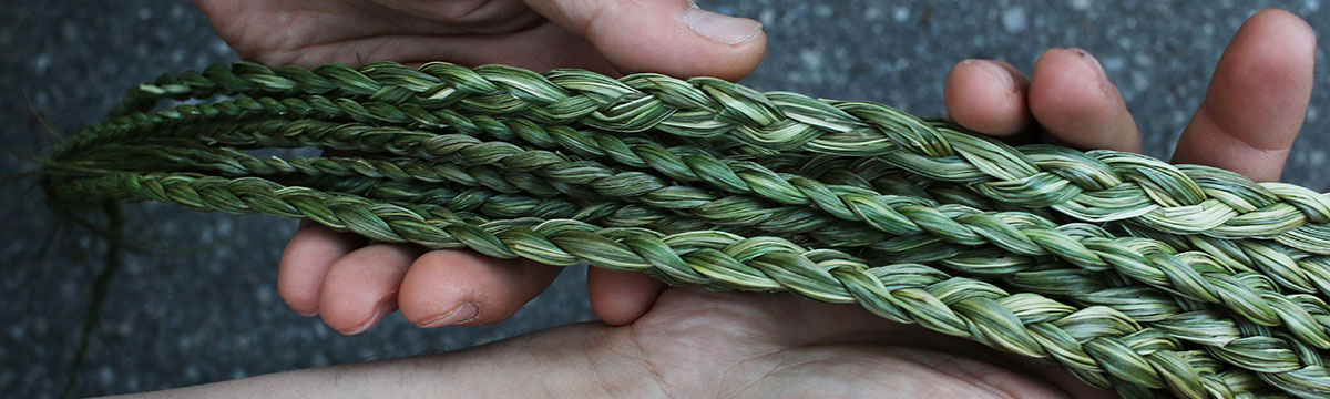 Hands holding braided sweetgrass