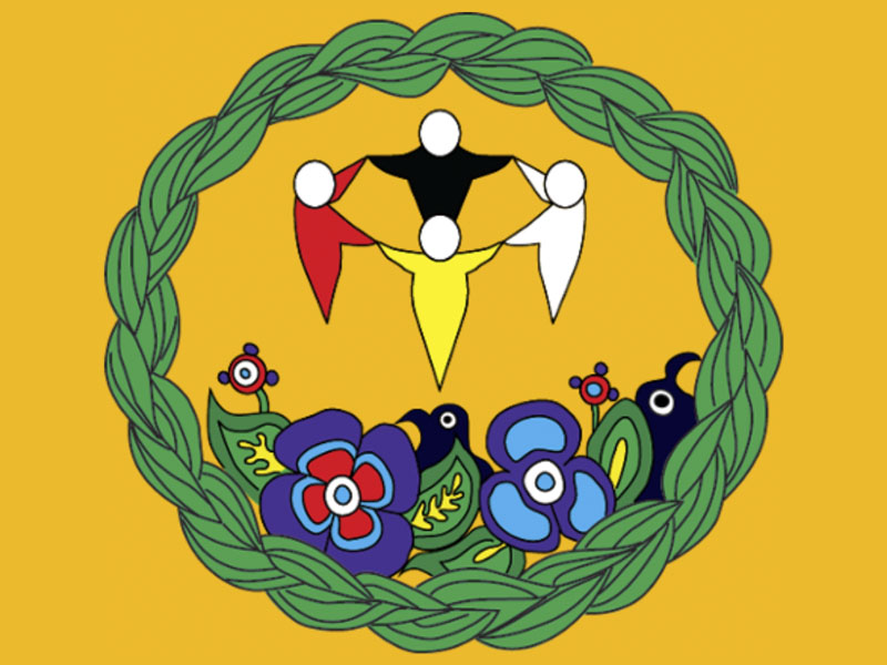 Four people holding hands in community, each wearing one colour from the medicine wheel (red, black, yellow and white). A braid of sweetgrass encircles them along with helpers including plants and animals.