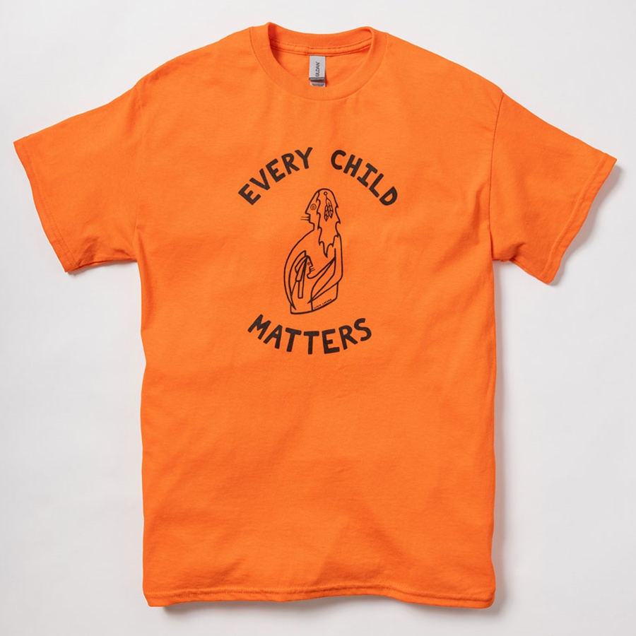 Orange t-shirt that reads Every Child Matters, with an illustration of a parent and child