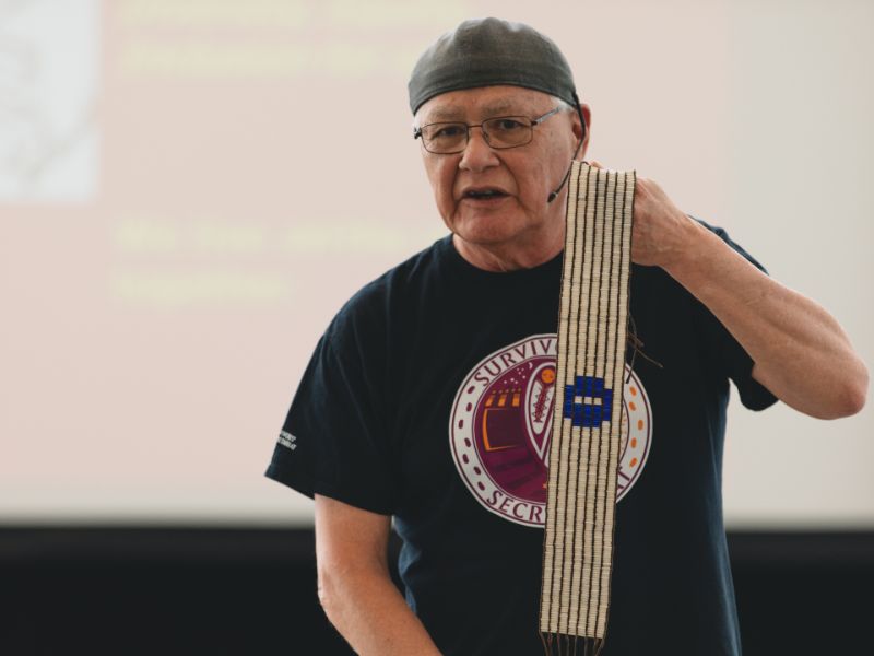 Michael Doxtater holds the One Dish wampum belt.