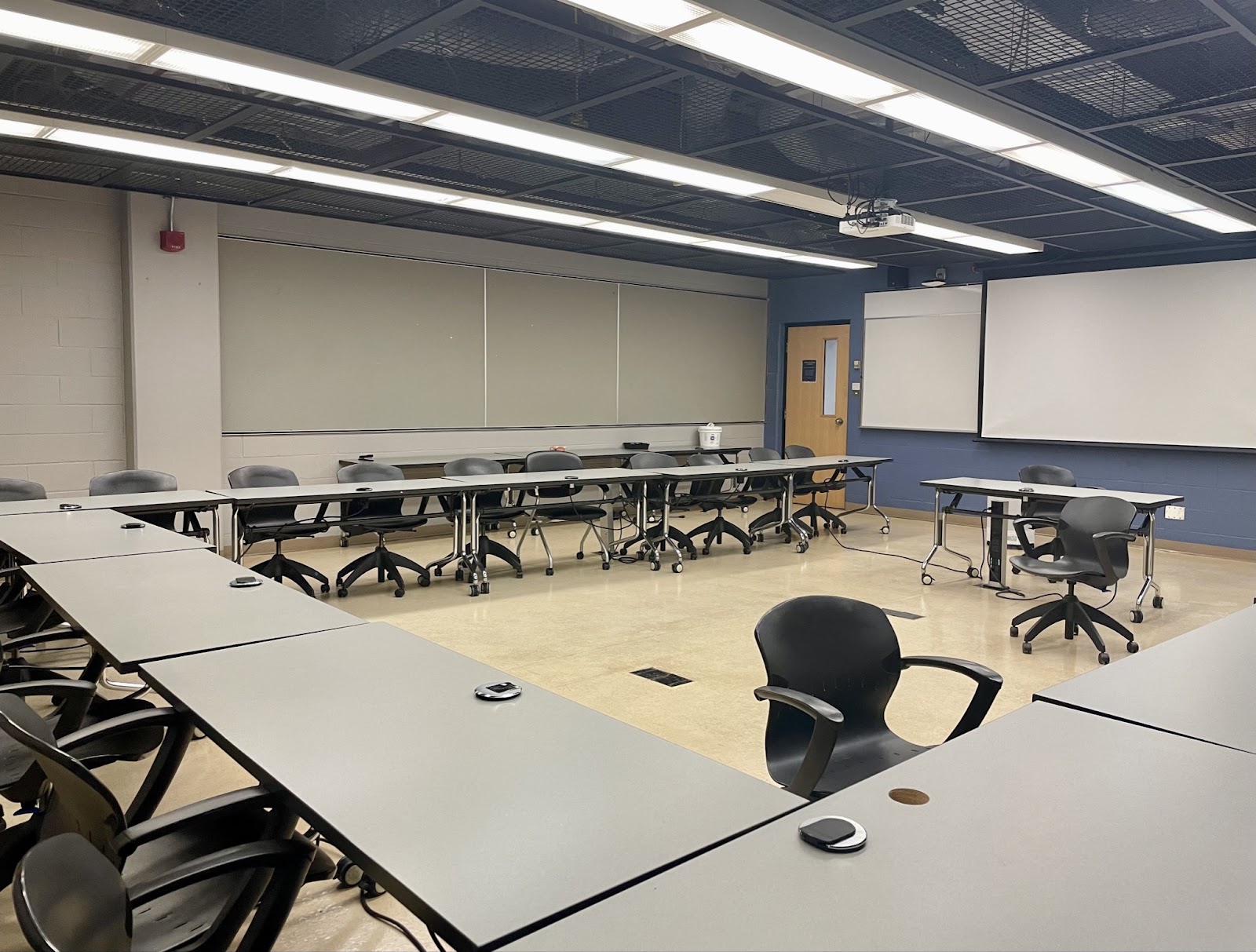 An empty classroom on the first floor of the Rogers Communication Centre.