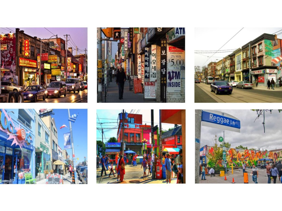 Photo collage of Chinatown,  Koreatown, Little Poland, Greektown,  Gerrard Bazaar India,  Little Jamaica.