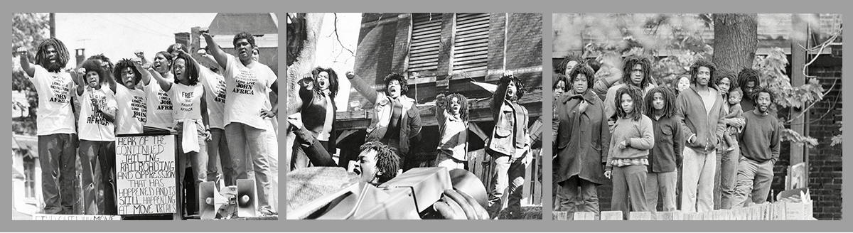 Archival photos of the MOVE group, photographed on various dates. A number of people gathered with their arms in the air seemingly in protest.