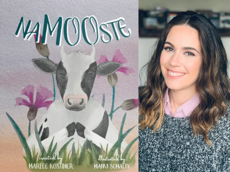 Alumna and author Marlee Kostiner with the book cover of NaMOOste. 