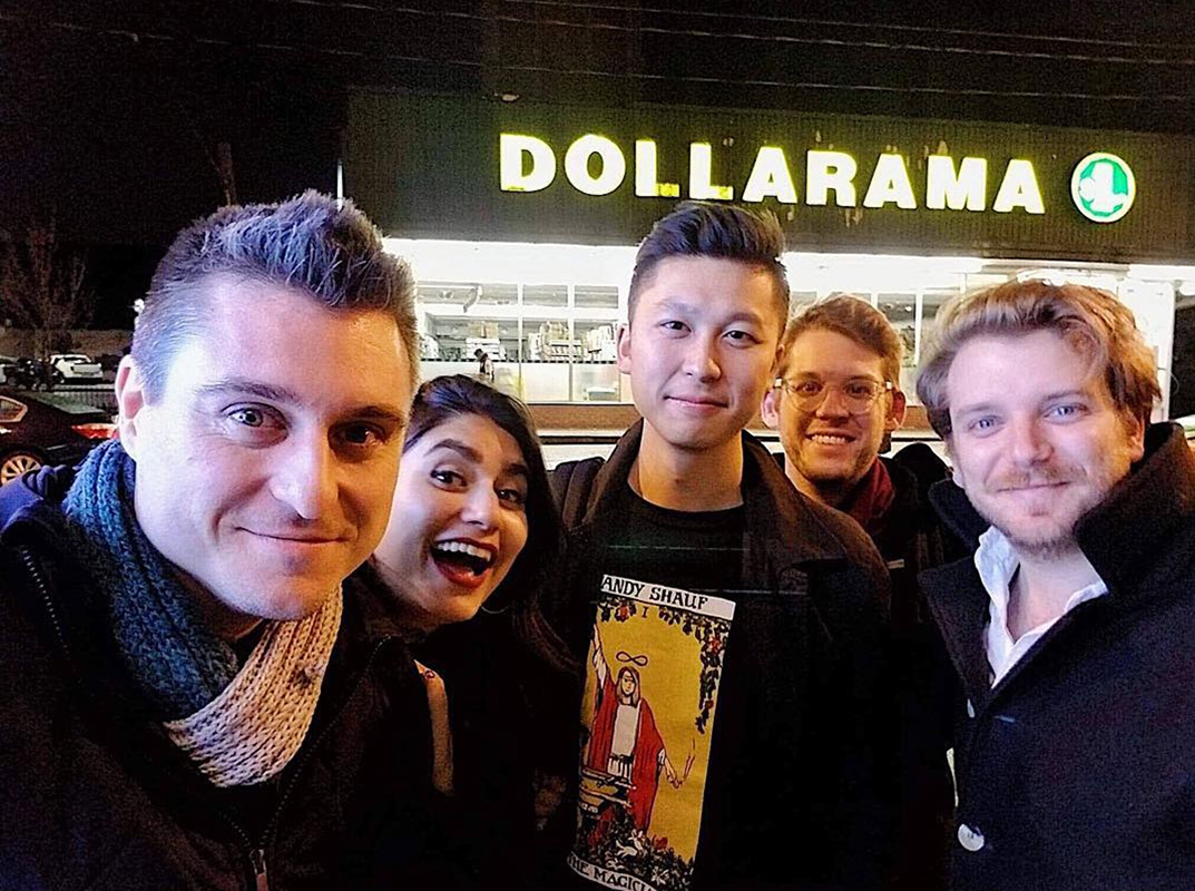 Left to right: Seb Fox Allen, Scaachi Koul, Adrian Cheung, Matthew Braga and Daniel Viola in front of a Dollarama. 