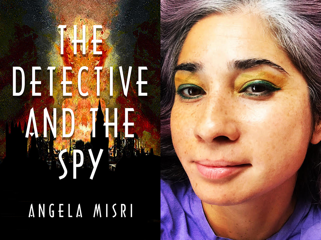 Image of The Detective and the Spy cover art, which shows stylized warm colours against a city skyline, and a head shot of Angela Misri. 