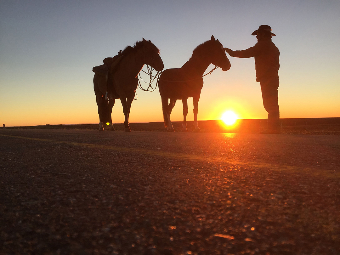 Filipe Masetti Leite with his horses as sunset. 