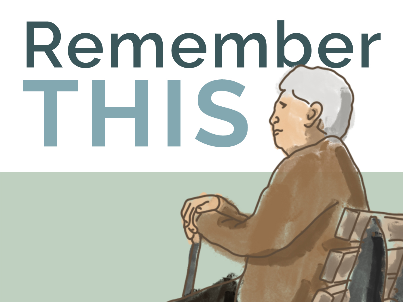 The logo for Amanda Cupido's Remember This podcast and app. An old man in a brown coat sits on a park bench against a green background.