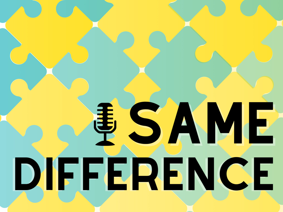 The logo for Same Difference, the podcast produced by JN8407/JRN801 (Advanced Podcast & Radio Documentary) students in Fall 2020. Green and yellow puzzle pieces interconnect with the title: Same Difference over them.