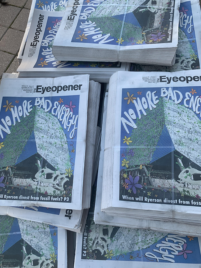 Copies of the latest issue of The Eyeopener on delievery day. 