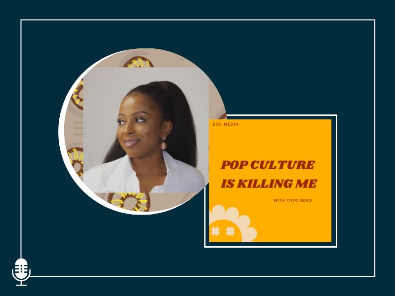 Alumni Tayo Bero and the art for her new podcast, Pop Culture is Killing Me. 