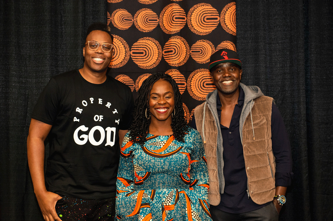 (Right to left) Kardinal Offishall, Emily Mills and Wes Hall at The Woman King screening