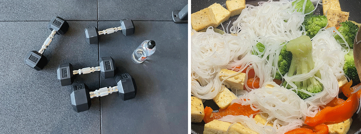 A split screen with the left side showing small hand weights and a bottle of water the right showing a tofu and broccoli stir fry.