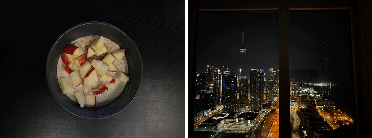A split screen with the left side showing a bowl of cut up fruit, the right side showing the city of Toronto  in the dark.