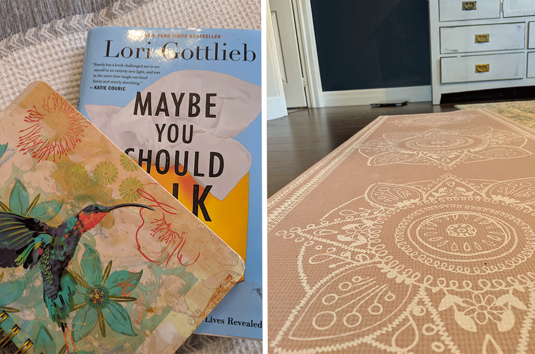 A book cover titled Maybe you Should and a rug used for meditation