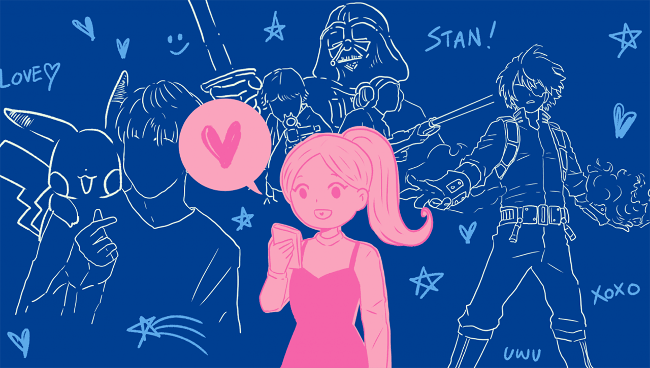 A pink illustration of a person in front of a bunch of fandom interests. 