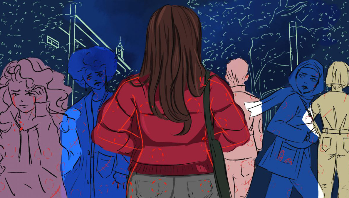 An illustration of women walking on campus looking afraid. 