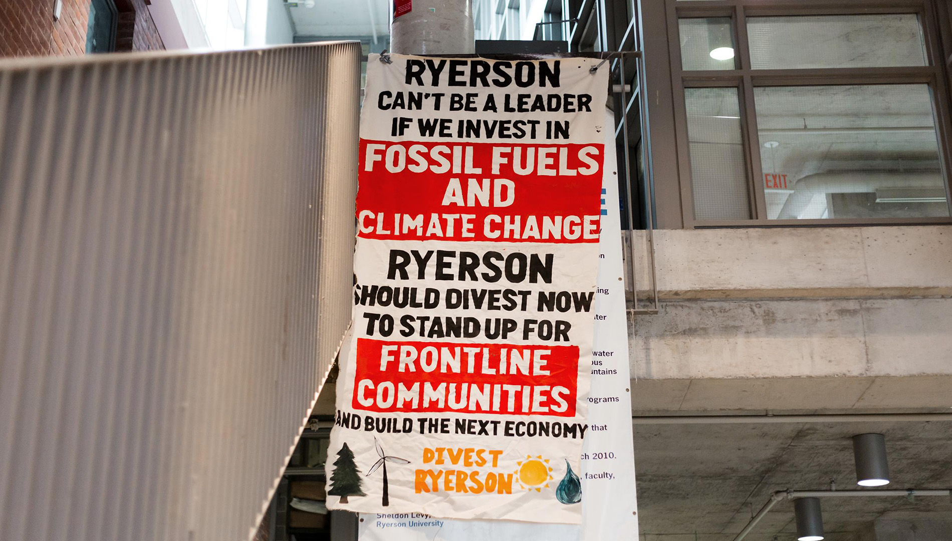 A protest banner hung in the student centre. 