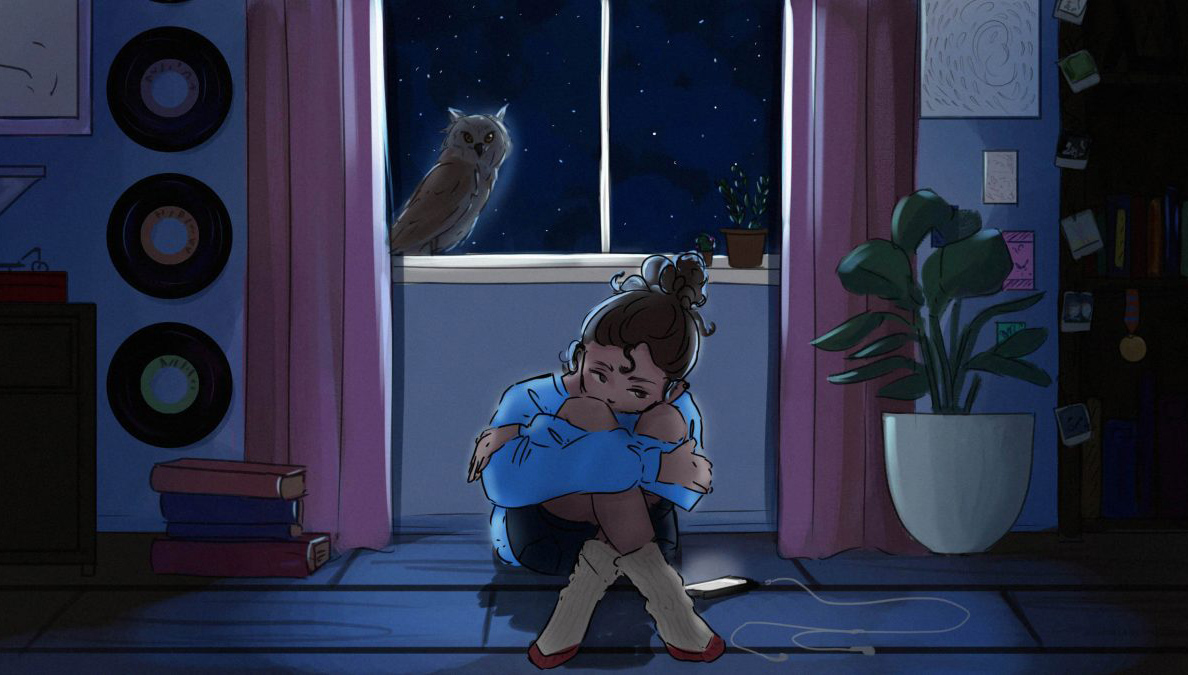 An illustration of a student looking pensive in a bedroom. 