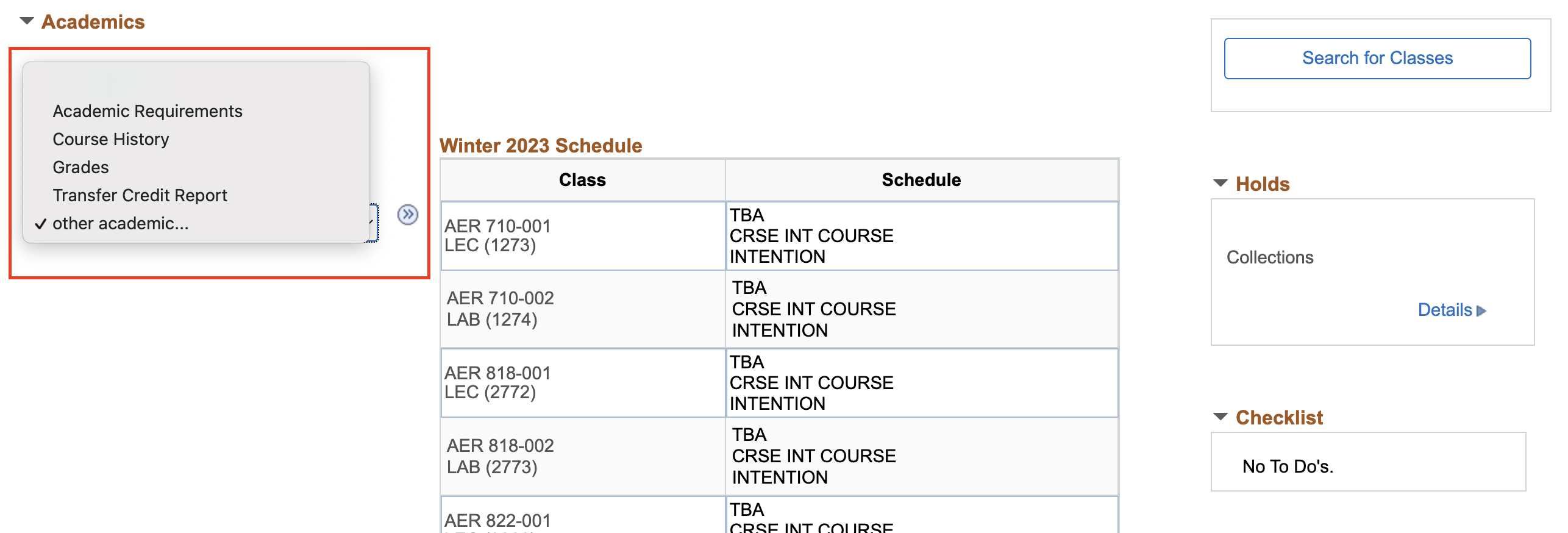 Drop-down menu includes: Academic Requirements, Course History, Grades, Transfer Credit Report and other academic options.