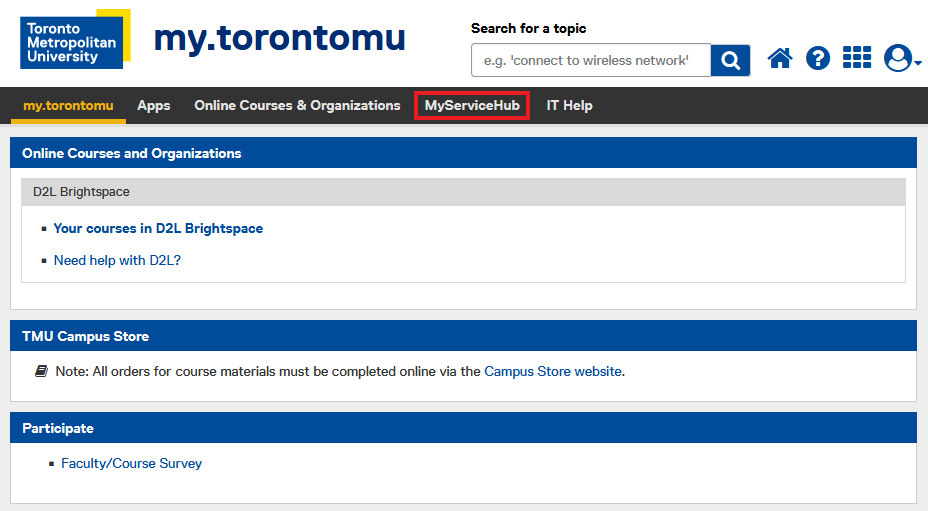 MyServiceHub link in the my.torontomu menu