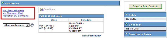 Quick-links in Academics section include My Class Schedule, My Shopping Cart, and Probationary Contracts