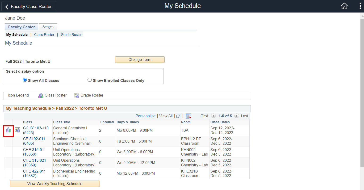 Faculty Center tab with Teaching Schedule and Class Roster links