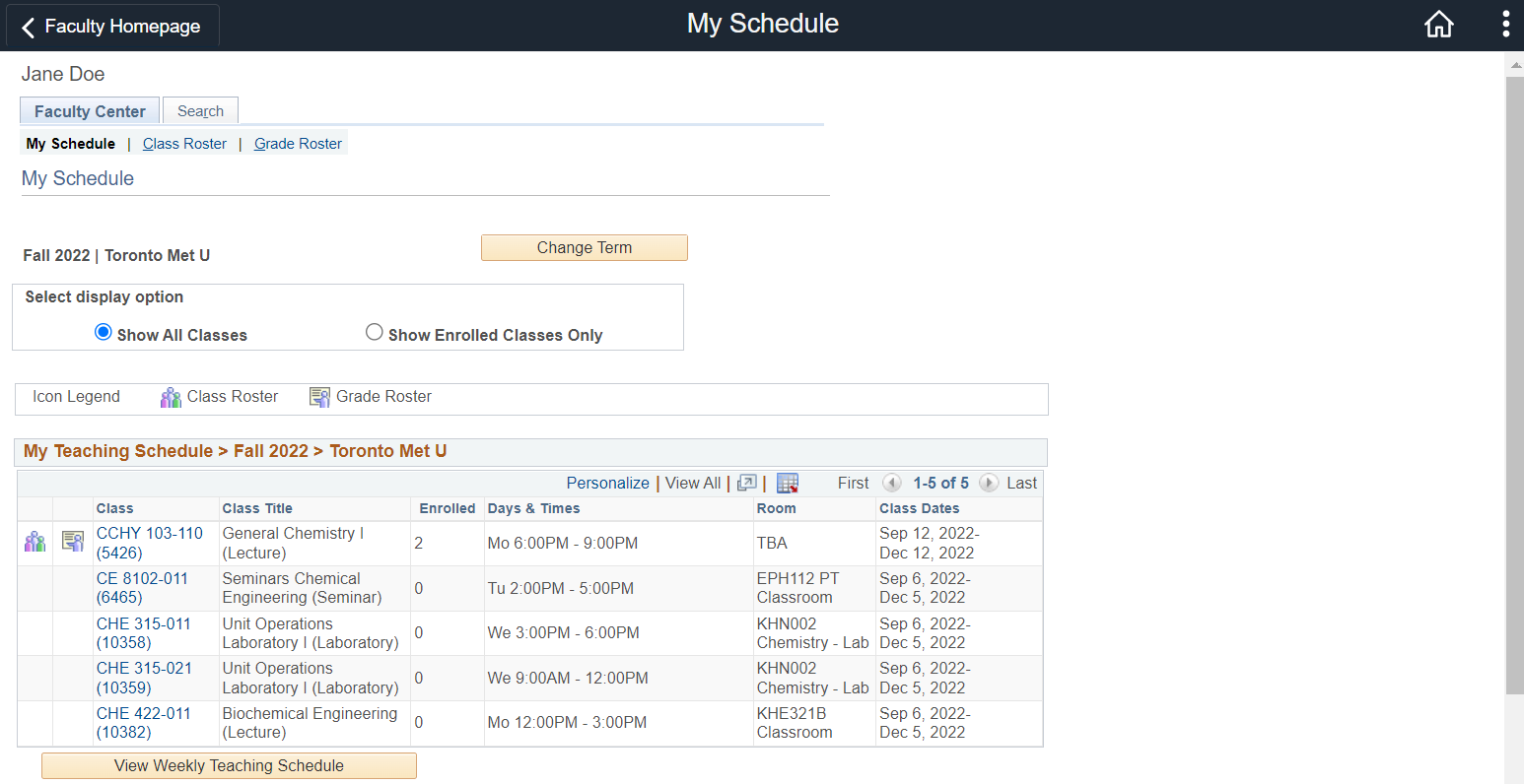 My Schedule page within Faculty Center showing teaching schedule for selected term.