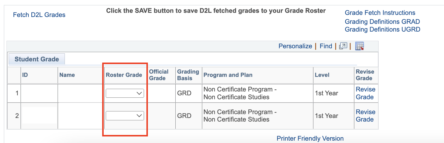 Grade Roster column in Student Grade table with drop down boxes for entering values