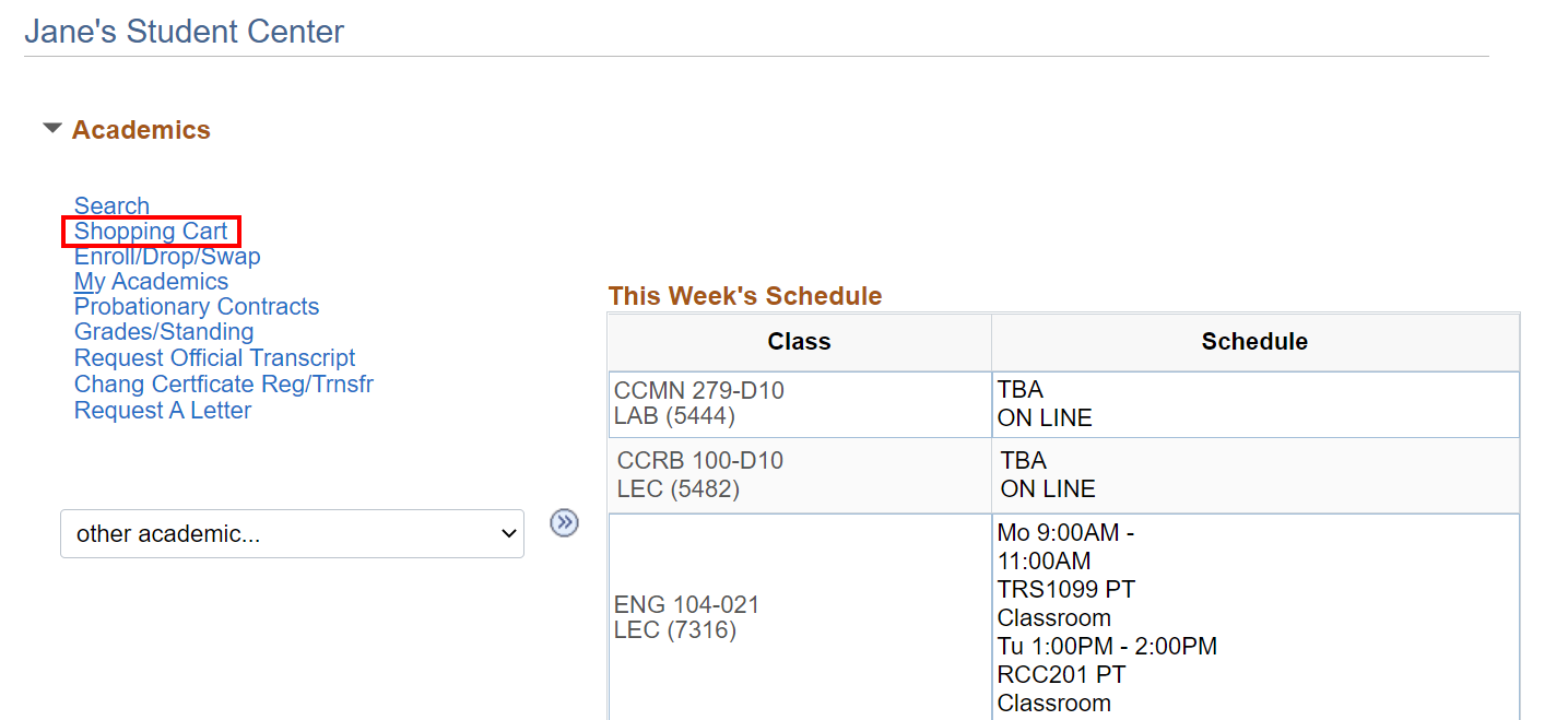 Highlighted 'Shopping Cart' link within Student Center section of MyServiceHub