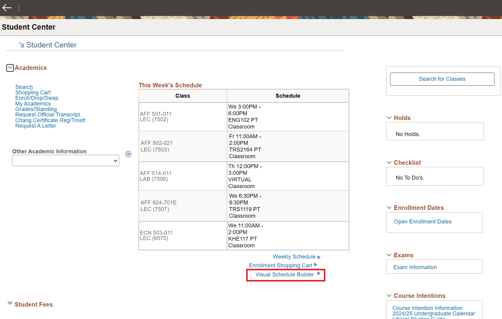 Visual Schedule Builder link highlighted in the bottom of This Week's Schedule column in the Academics section of Student Center