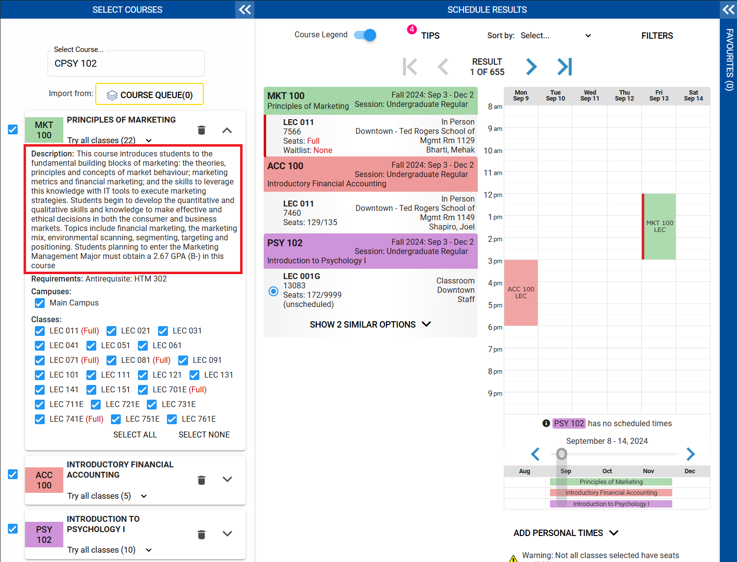 Course details expanded in the Results section of the Visual Schedule Builder, revealing highlighted description, requirements, campuses, and classes sections