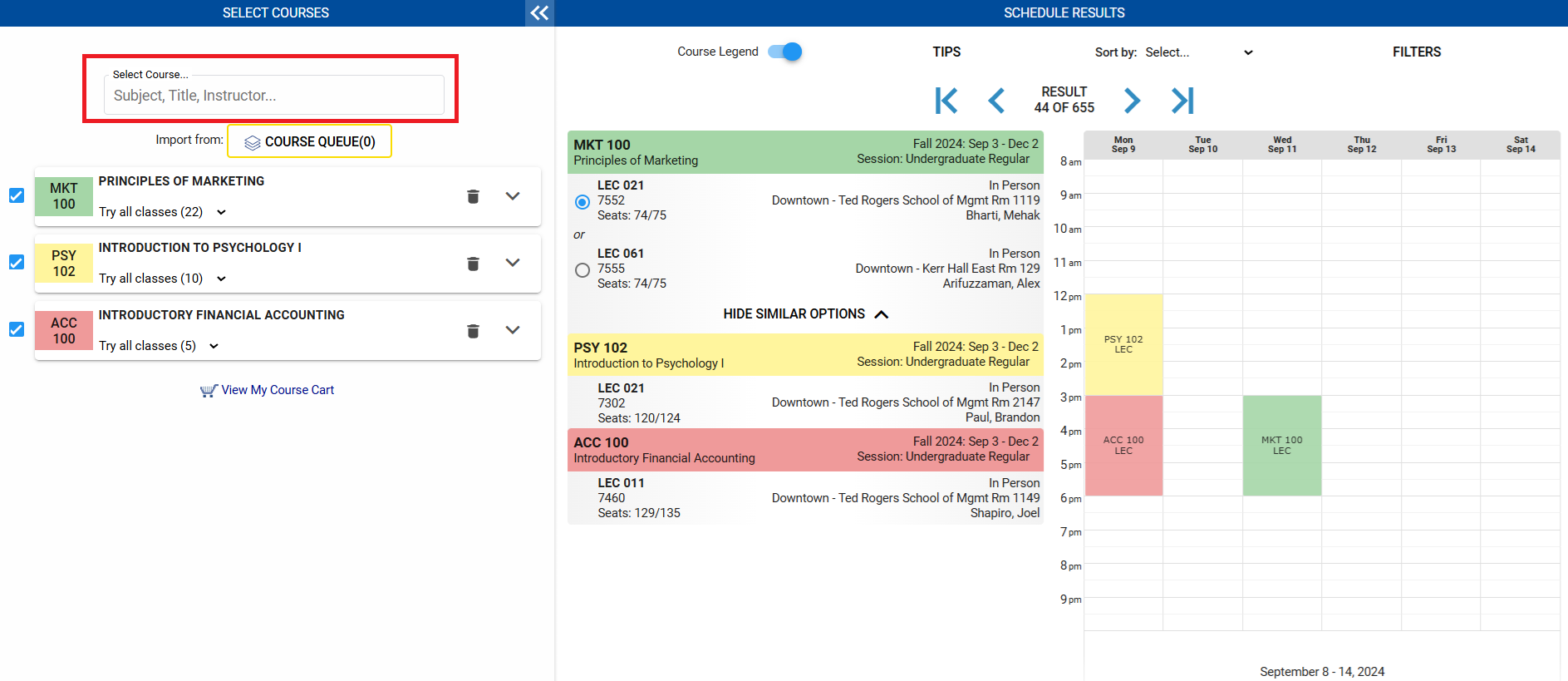 Search bar highlighted in top left corner of the select courses section of the Visual Schedule Builder