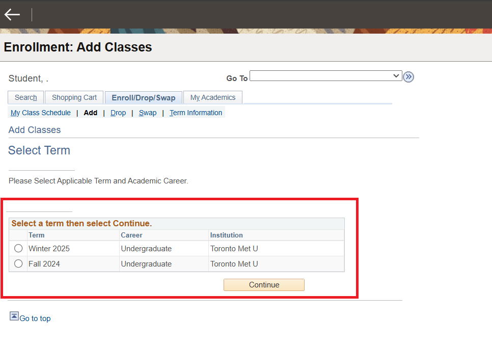 Select Term options highlighted in the Add Classes section