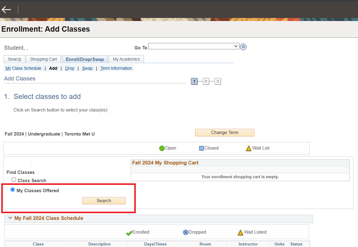 Select Classes to Add page showing My Classes Offered selected and Search button highlighted under Find Classes