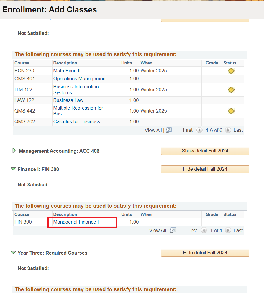 Expanded course view shows course title highlighted in the Description column of satisfy requirements section