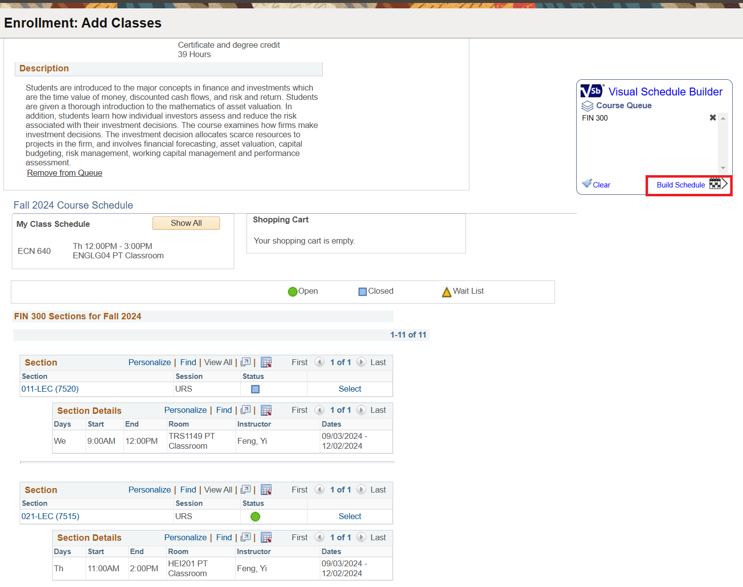 Build Schedule link highlighted in the Visual Schedule Builder section located in top of the right sidebar