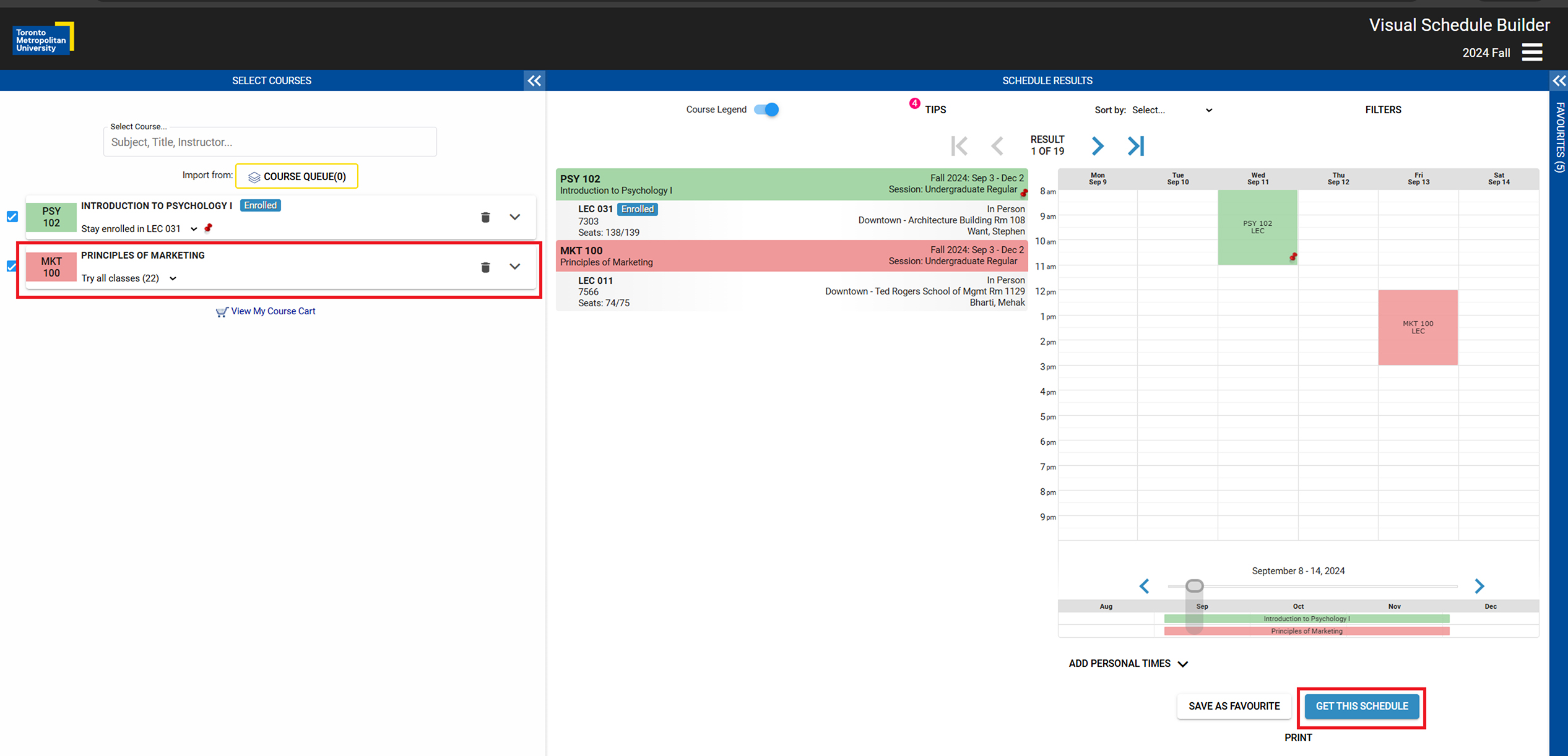 Specific course highlighted in the Select Courses section on the left of the screen.  Get this Schedule button highlighted under the calendar in the Schedule Results section of the Visual Schedule Builder