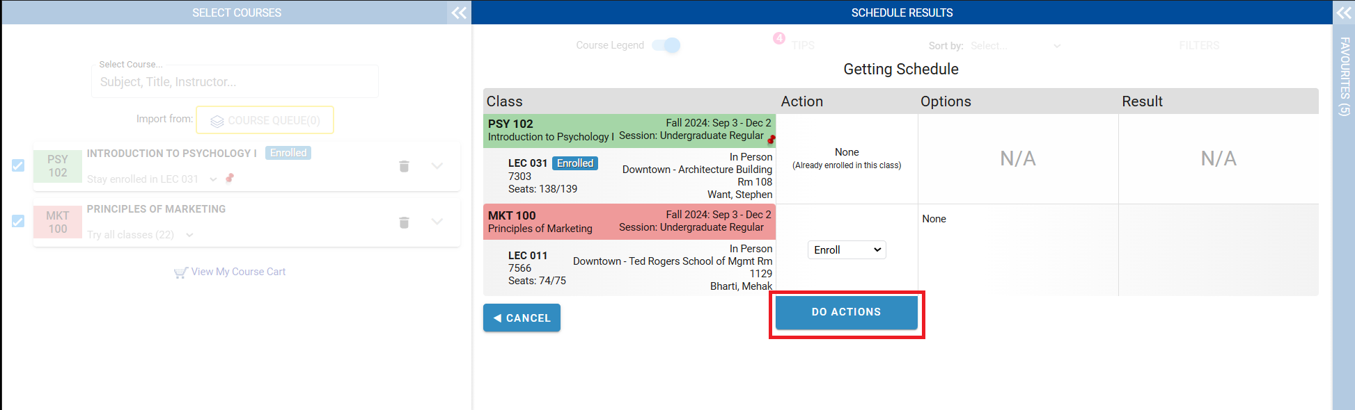 Do Actions button highlighted in Schedule Results section of the Visual Schedule Builder