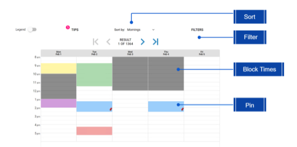 Overview of all options available for schedule optimization such as sort, filter, block times and pin