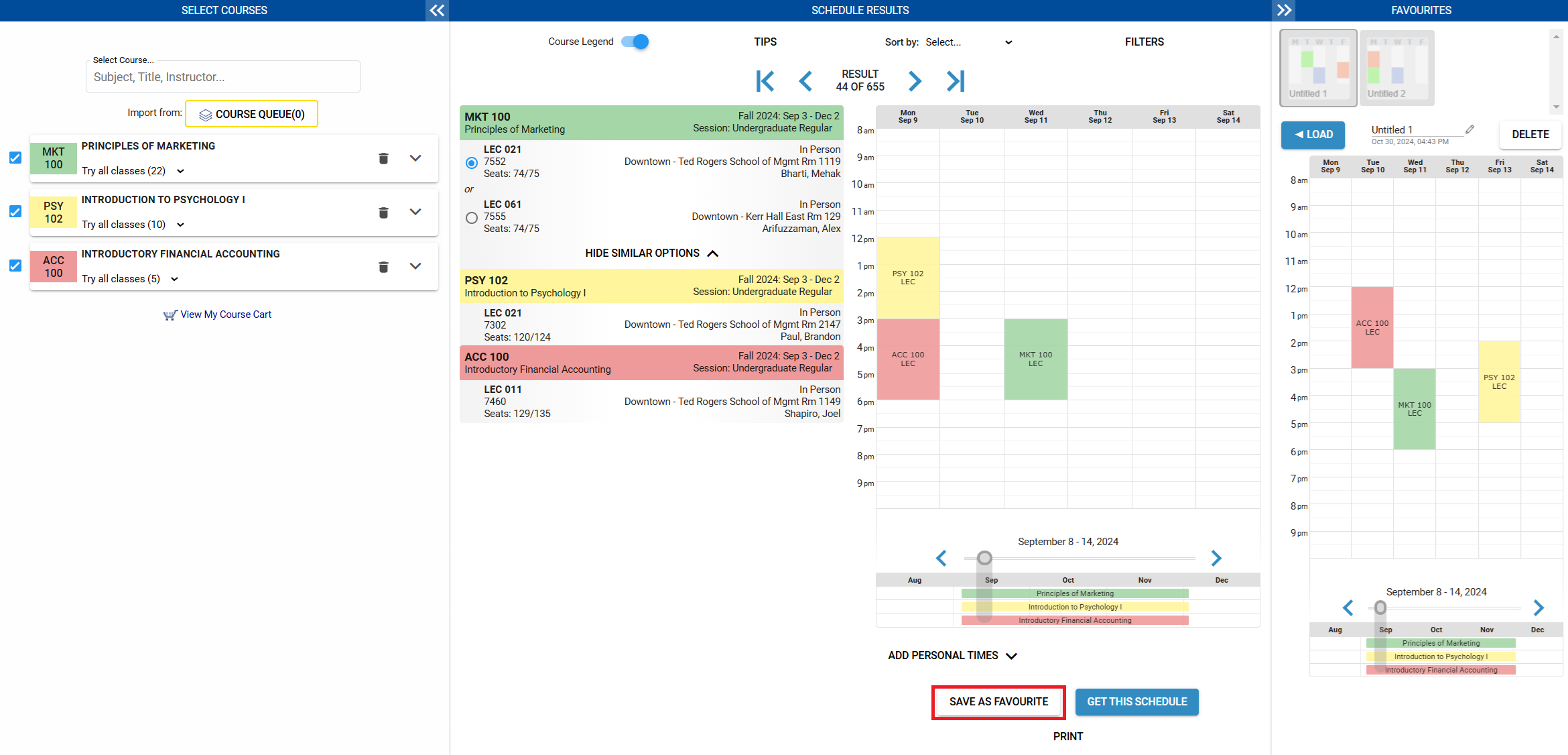 Save as Favourite button highlighted in the bottom of the calendar in the Schedule Results section of Visual Schedule Builder