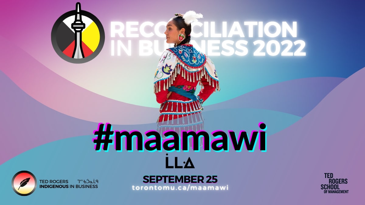 An illustration of a person standing in regalia surrounded by the words "reconciliation in business 2022."