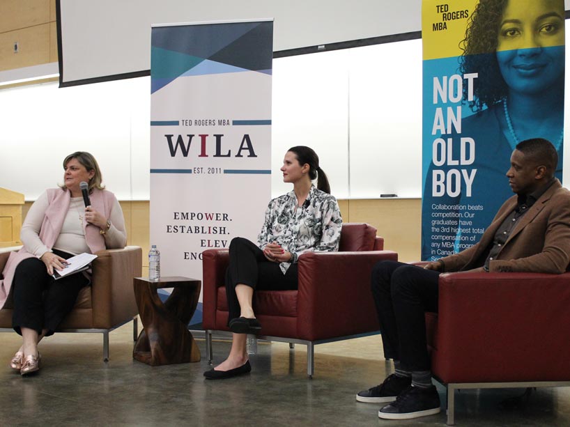 Sitting in chairs, from left: Cheri Bradish, Teresa Resch and Masai Ujiri