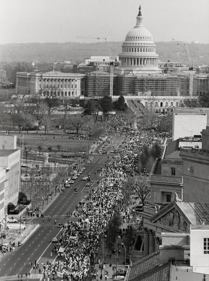 Aerial shot of National Organization for Women's March on Washington in 1986