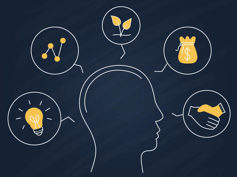 An illustration of a head surrounded by thought bubbles that contain a lightbulb, a chart, a plant growing, a bag of money, and hands shaking