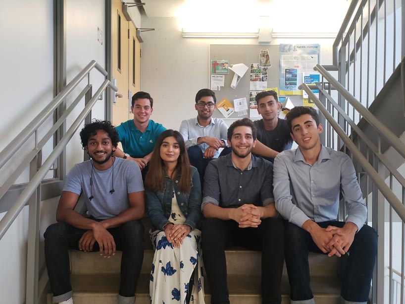 Ryerson Helium team sitting on steps: Back row, from left, Lior Saprikin, Danyal Chaudhry, Hani Hakeem; front row, from left, Sai Sanketh Poosarla, Aleeza Hashmi, Amin Ismail and Kevin Kasa