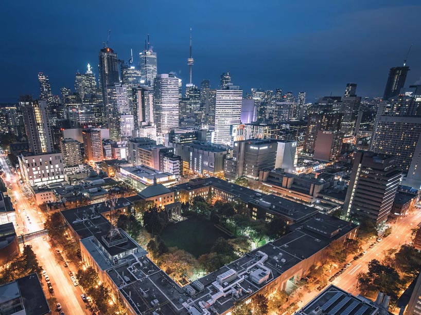 Aerial view of the campus at night