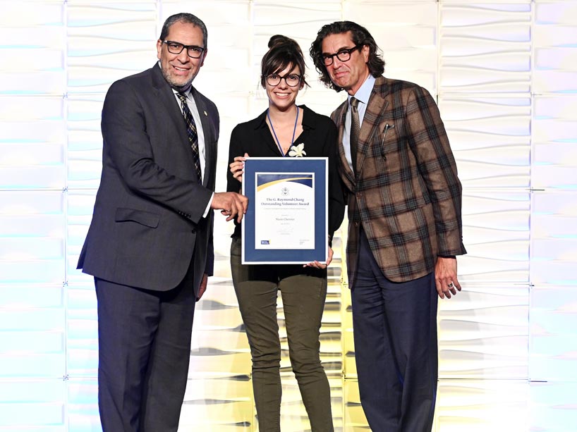 DMZ alumna Marie Chevrier, volunteer for DMZ women in tech initiatives (centre) with President Lachemi and Ian Mishkel.